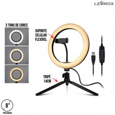 Iluminador Selfie Ring Light 8 Pol LED Controle Cor e Intensidade com Suporte Celular e Tripé 14cm LEY-271 Lehmox